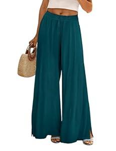 YESNO Women Summer Boho Palazzo Pants High Waist Wide Leg Floral L PP0 Solid Dark Cyan