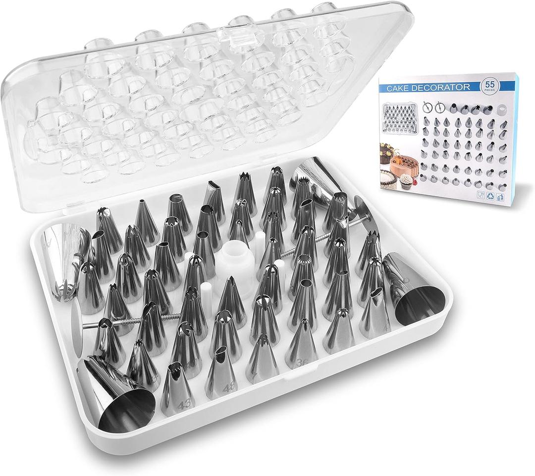 FIVETASCake Decorating kit for Beginners-52 Numbered Icing Tips with Pattern Chart,2 Flower Nails and 1 Coupler.Piping Tips Set with storage box. (55PCS)