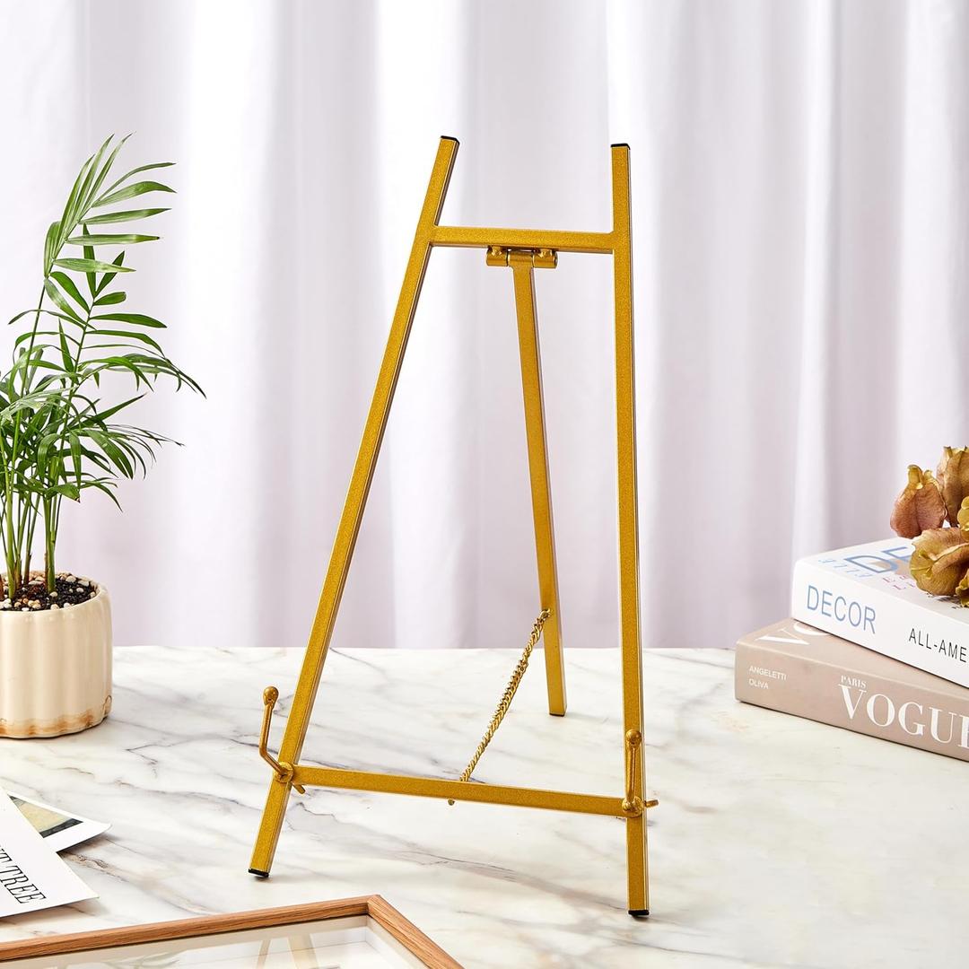 Denique Metal Easel Stand 16.5" H x 8.7" W x 4.3" D Table Top Easel Stand for Display, Tripod Picture Frame Stand Plate Holder with Chain Support for Display Book Photo Wedding Sign (Gold)