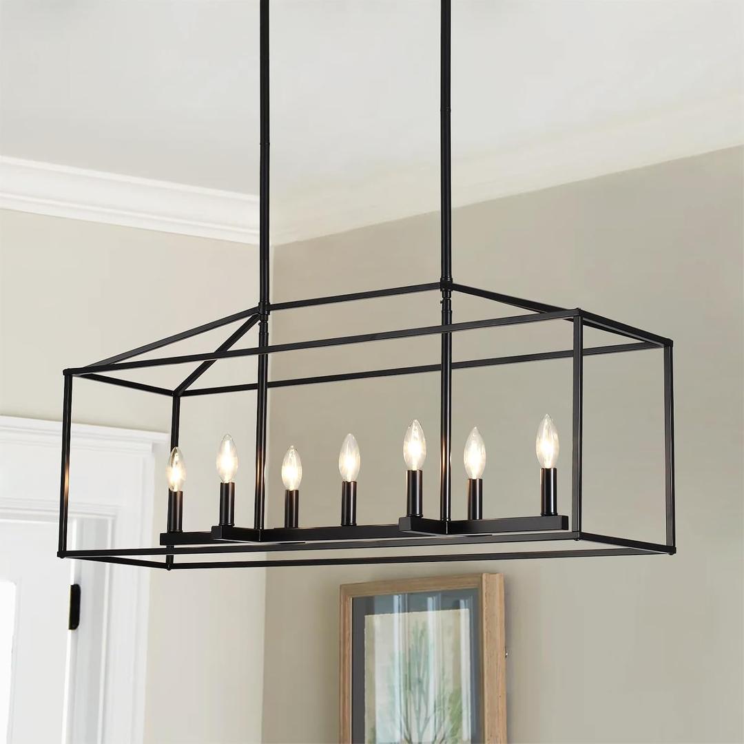 Dining Room Chandelier,7 Light Kitchen Island Light Modern Farmhouse Chandeliers Contemporary Pendant Light Matte Black Finish Rectangle Modern Pendant Light Adjustable Height