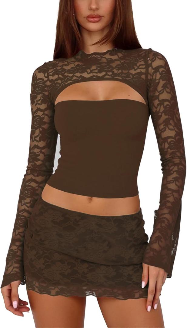 Womens Sexy 2 Piece Mini Skirt Set Long Sleeve Lace Cutout Top Double Lace Mini Bodycon Skirt Y2K Going Out Outfits (Brown, L)