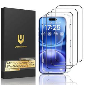 UNBREAKcable for iPhone 16 Screen Protector, 3-Pack Full Coverage Tempered Glass [Military Grade Shatterproof] [9H Hardness] [Easy Installation Frame] [Bubble Free] for iPhone 16 6.1"
