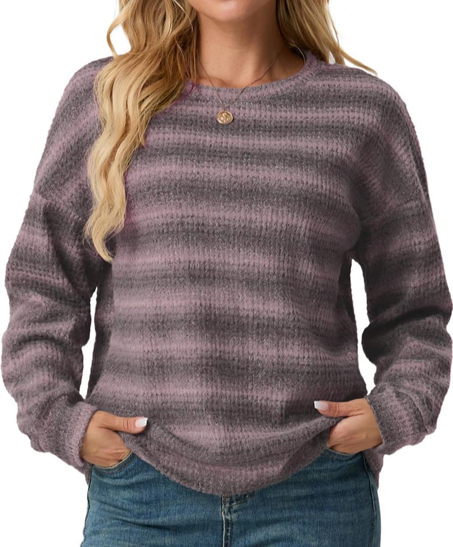 IWOLLENCE Womens Striped Long Sleeve Tops Crewneck Lightweight Waffle Knit Going Out Preppy Shirts Seniors Casual Loose Fall Sweaters Blouse 2025 Purple Grey, M (Purple, M)