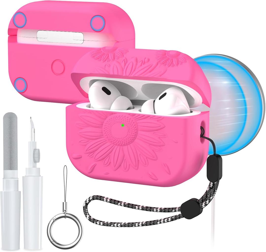 for AirPods Pro 2nd/1st Generation Case, Magnetic Lid Compatible with MagSafe, Flower Engraved Airpods Pro 2&1 Gen Soft Silicone Protective Cover with Cleaner Kit&Keychain&Lanyard(Rose Red)