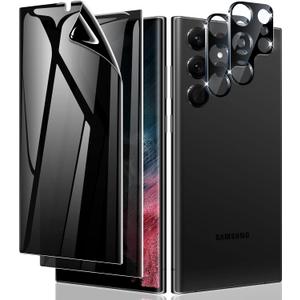 LYWHL [2+2 Pack] for Samsung Galaxy S22 Ultra Privacy Screen Protector, [Compatible Fingerprint] Anti-Spy Full Adhesive Flexible Film + Camera Lens Glass Protector for Galaxy S22 Ultra 6.8 (Black)