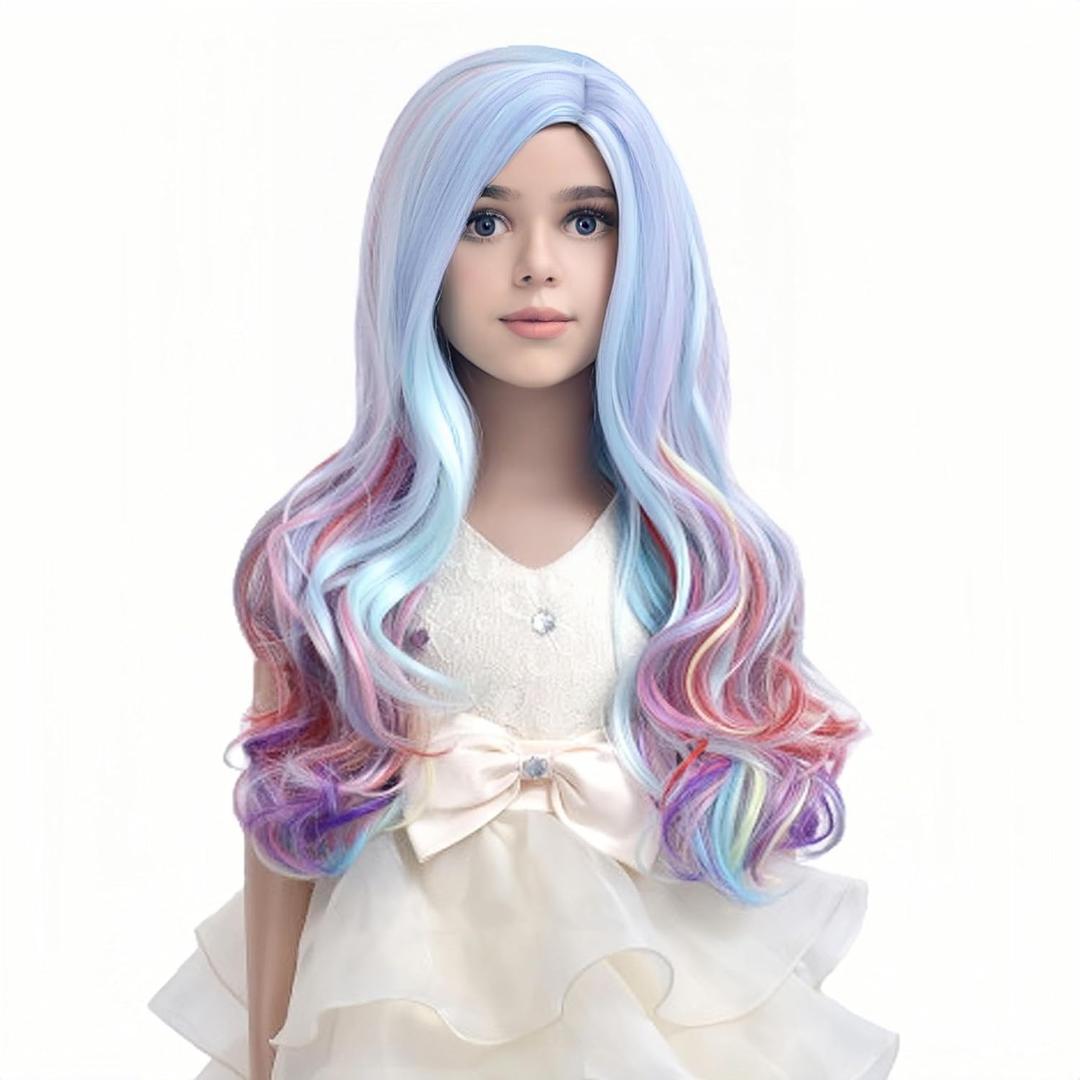 PATTNIUM Child Kids Rainbow Wigs Long Curly Wavy Colorful Wig Multicolor Wig for Girls Synthetic Cosplay Party Halloween Wigs(Rainbow)