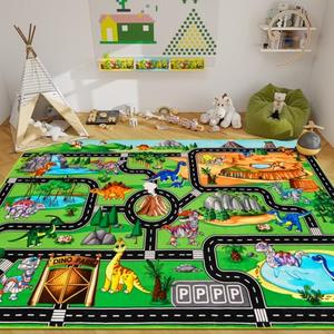 DINSUMRUG Kids Rugs for Playroom 59"×39.4" Dinosaur Car Play Mat Robot Dinosaur Park Road Educational Dino Road Rug for Toy Car Jurassic Themed Play Carpet for Kids, Toddlers, Nursery, Classroom