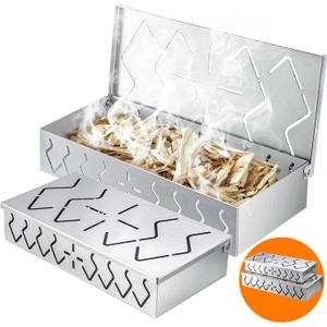 Smoker Box for Gas Grill, 2-Pack Stainless Steel Wood Chip Boxes with Hinged Lids, BBQ Smoke Box for Charcoal & Gas Grills, Adds Smoky Flavor, Easy to Use