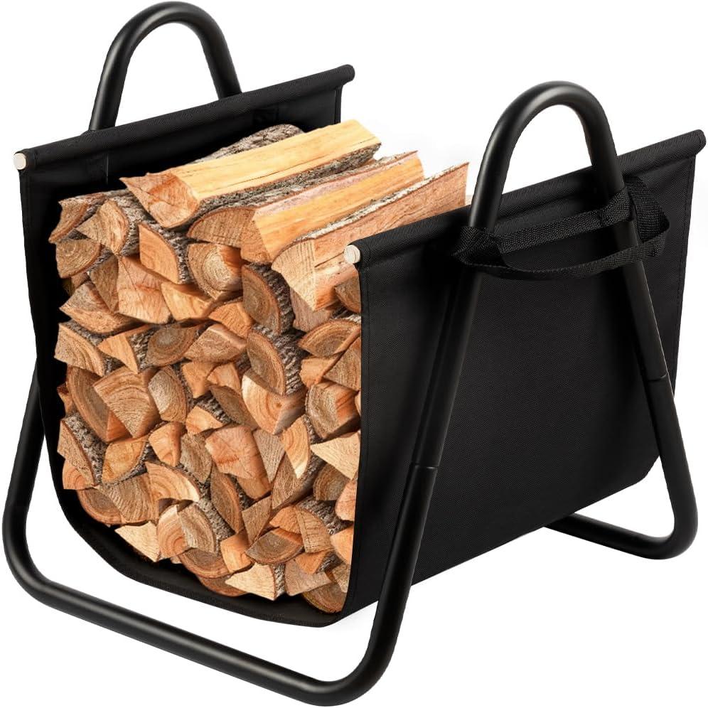 AMAGABELI GARDEN & HOME Fireplace Log Holder with Canvas Firewood Rack Indoor Tote Carrier Metal Wood Rack Black Firewood Holders Storage Heavy Duty Logs Stacker Basket with Handles Kindling