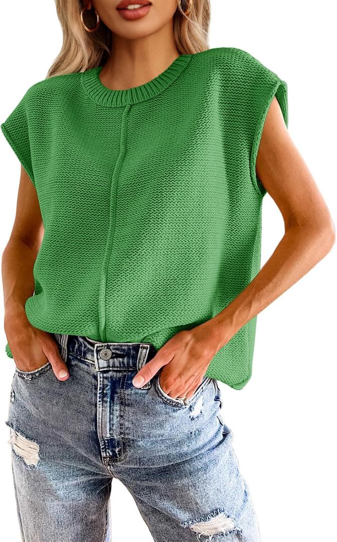 Saodimallsu Womens Summer Cap Sleeve Tops Casual Crew Neck Loose Fit Knit Lightweight Sweater Pullover Top (Green, L)