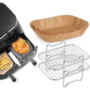 2pcs Air Fryer Rack Set with 100pcs Parchment Paper Compatible with Ninja Foodi DZ201, DZ401, 304 Stainless Steel Toast Dehydrator Racks Air Fryer Paper Liners (4)