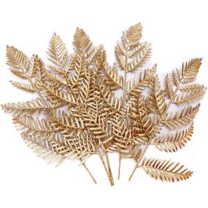 Fake Golden Fern Leaves, Artificial Gold Plants Decor 5 Pack, Faux Plant Boston Ferns Simulation Plastic Leaf for Christmas Party Birthday Home Wedding Flower Gift DIY Decoration