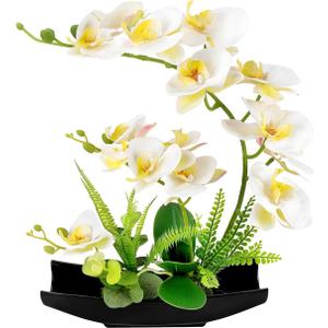 YOBANSA Decorative Real Touch Silk Orchid Bonsai Artificial Flowers with Flower Pots, Artificial Phalaenopsis Fake Flowers Arrangements for Home Decoration (White, Black vase)
