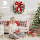 Pinkpum Lighted Christmas Wreath for Front Door Decor 16.5" Green Winter Wreath with LED String Lights for Home Wall Window Porch Farmhouse Indoor Outdoor Decorations Berries Pine Cones Bow 1 Pack