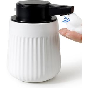 BosilunLife Ceramic Automatic Soap Dispenser with Extended Pump Nozzle, 3 Adjustable Levels, Touchless Foam Hand Wash Foaming Dispenser for Bathroom & Kitchen, Embossed Wave Design, White, 10oz