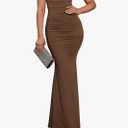 EYNMIN Women's Sleeveless Bodycon Corset Maxi Dress Spaghetti Strap Ruched Elegant Evening Wedding Guest Long Formal Dresses Small Brown