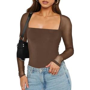 Bellcoco Women's Sexy Mesh Long Sleeve Tops Square Neck Blouse Slim Fit See Through Shirt Going Out Party Clubwear M Brown