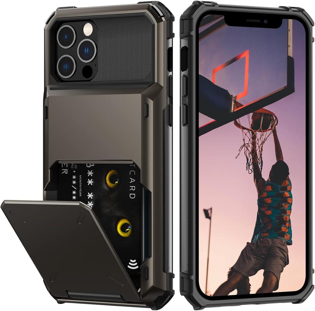 Nvollnoe for iPhone 12/12 Pro Case with Card Holder[Store 5 Cards] Dual Layer Heavy Duty Shockproof Wallet Case with Hidden Card Slot Large Storage Cover for iPhone 12(Gunmetal)