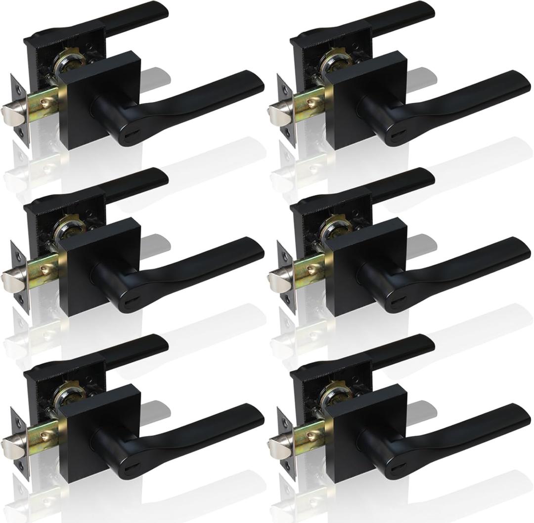6 Pack Matte Black Door Knob, Interior Privacy Keyless Entry Door Lock, Square Style Reverisble Door Handles, Heavy Duty Door Levers for Bedroom Bathroom Doors