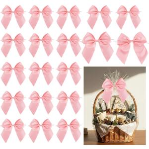 24 PCS Pink Bows 5" Pre-Tied Twist Tie Bows Baby Pink Satin Ribbon Bow for Gift Wrapping Candy Treat Bags Crafts Baby Shower Birthday Party Favors Wedding Decor