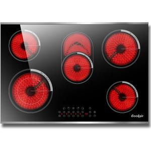 Electric Cooktop 30 Inch - 5 Burner Electric Stove Built-in 8400W High Power, 30 In Ceramic Stove Touch Control with Timer, Safety Lock, Glass Metal Prame, 220-240V Hard Wired (No Plug)