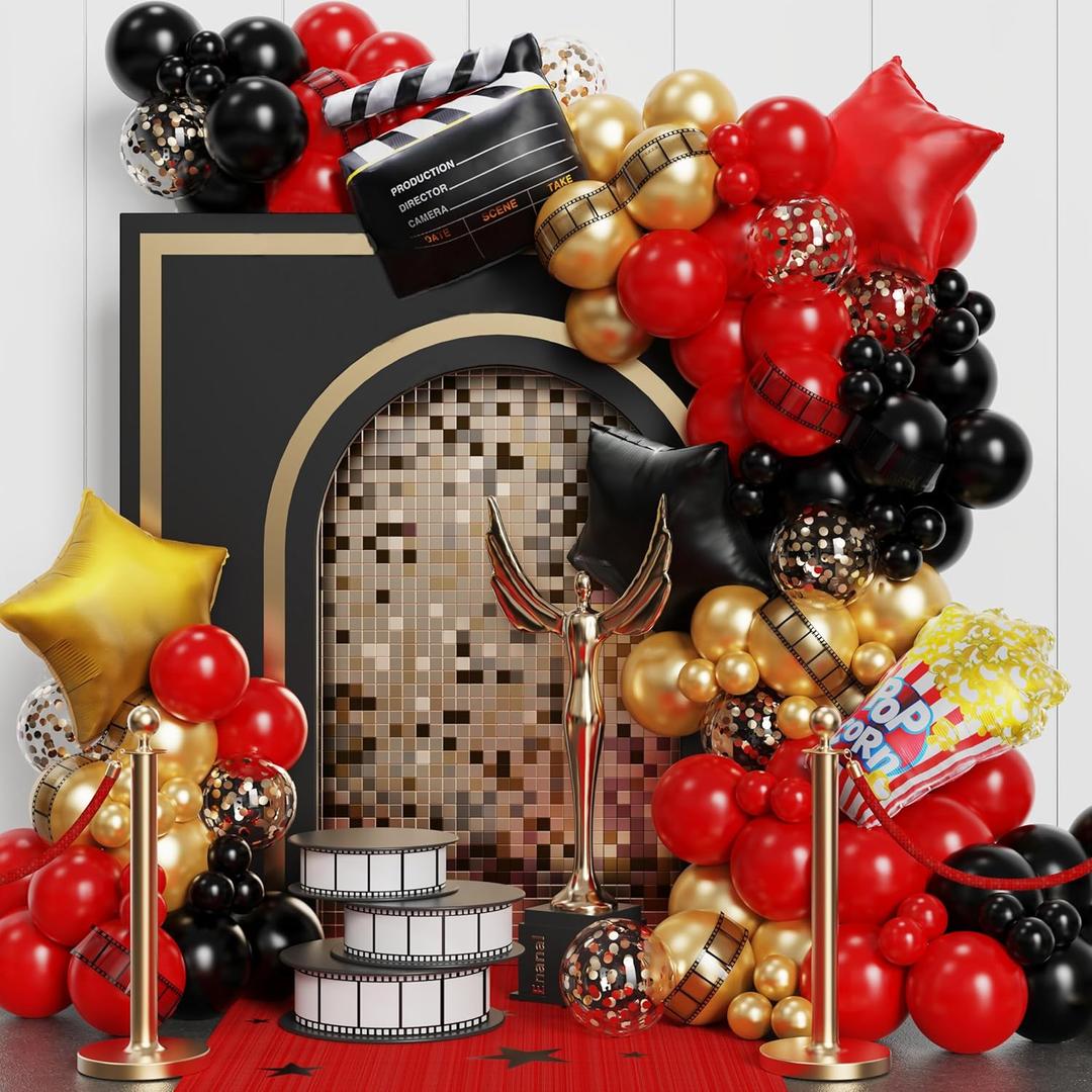 Movie Night Balloon Garland Arch Kit - 134pcs Black, Red, Chrome Gold With Clapboard Popcorn Foil Balloons for Theater Film Party Decoration, Birthday, Bridal Shower Backdrop