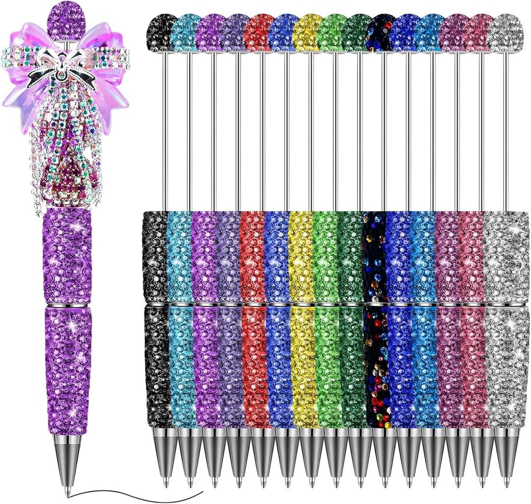 Homaisson 15 Pcs Glitter Beadable Pens, Full Rhinestone DIY Creative Pens, Glittering Bead Pens for Customization, Bling Writing Pens, Diamond Pens, Ideal for Art Projects and Presents
