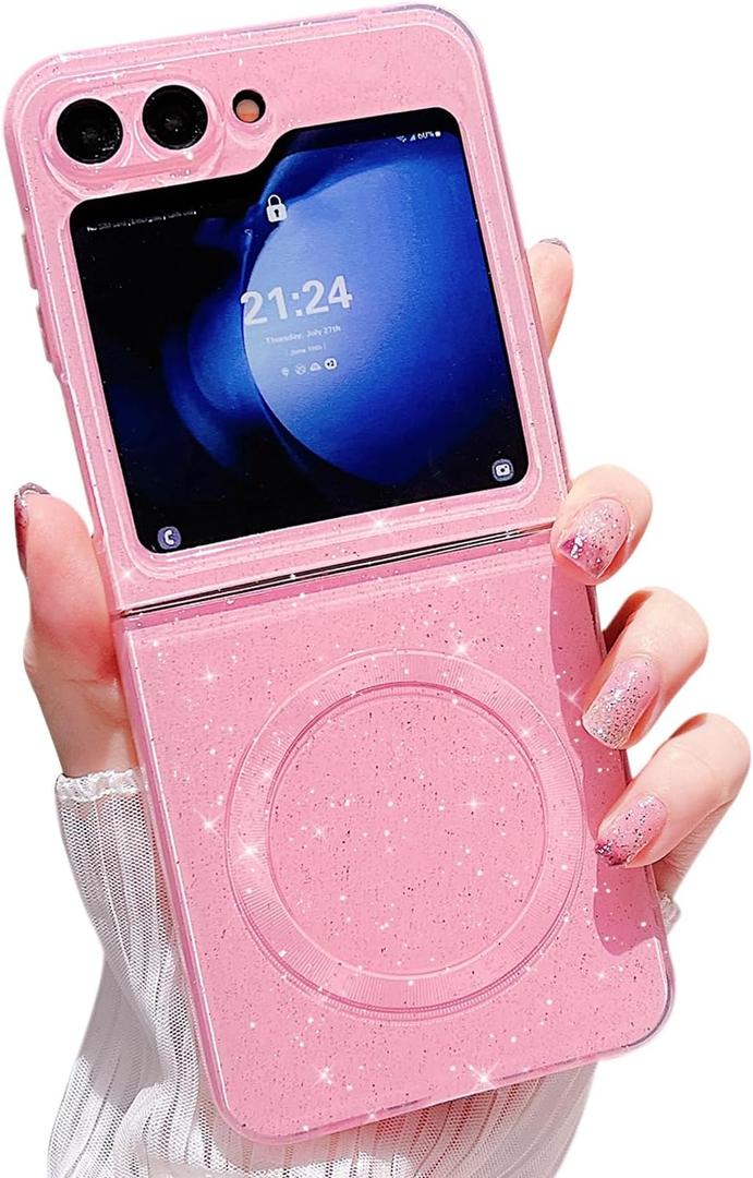 MINSCOSE for Samsung Galaxy Z Flip 5 Magnetic Neon Phone Case[Compatible with Magsafe],Cute Bling Glitter Thin Slim Shockproof Sparkly Cover for Women Girl for Samsung Flip 5 5G-Pink