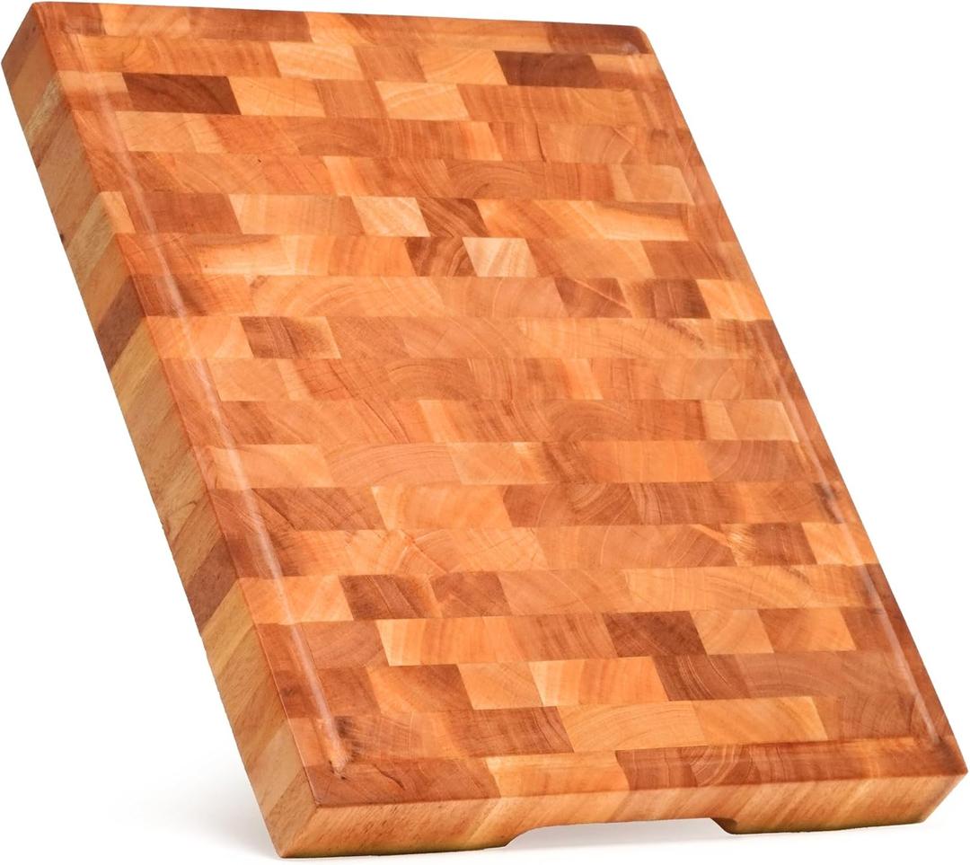 SHUMARU 17" Mahogany End-Grain Cutting Board 1.6" Thick Professional Butcher Block Handmade in Bali Knife-Friendly, Deep Juice Groove & Non-Slip Feet Artisan Wood Prep Station