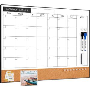 ARCOBIS Dry Erase Calendar with Cork Board for Wall, 24"x 18" Magnetic Calendar Whiteboard with Black Frame, Monthly Combination Board for School, Home, Office