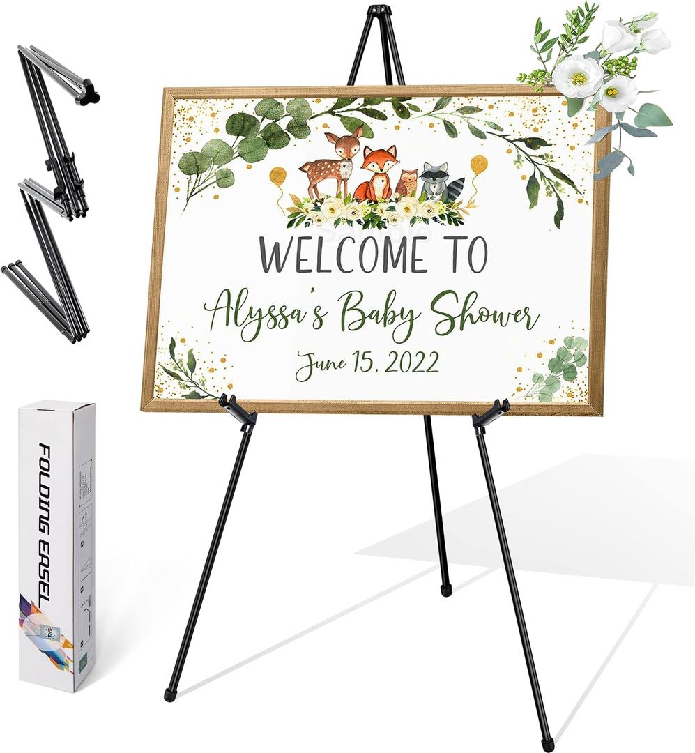 63" Easel Stand for Wedding Sign Poster Display Easel Floor Adjustable Metal Black Art Easel Instant Folding Tripod Easel for Painting Canvas Wedding Welcome Sign Stand, 1Pack
