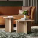 Square Fluted Nesting Coffee Table - Low Profile 2 Piece Square Coffee Table Set - Living Room Furniture - Modern Home Decor - Fluted Style with Solid Oak Base (Natural Oak)