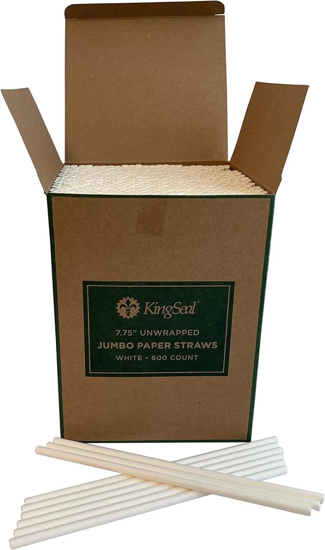 600 Count | Kingseal WHITE Paper Disposable Drinking Straws, Unwrapped, Jumbo Size, 7.75" Length, Biodegradable, Earth Friendly, Bulk Pack - 1 Box of 600 Straws