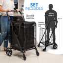 SereneLife Large Folding Utility Shopping Cart with Removable Liner – Heavy Duty, 360° Swivel Wheels, 110 lb Capacity, Portable for Groceries, Laundry, Luggage, and More (Black)