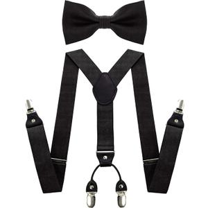 JEMYGINS Solid Color Suspender and Silk Bow Tie Sets for Men (Black)