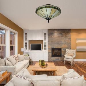 Gdrasuya10 16 inch Tiffany LED Semi Flush Mount Ceiling Light, Stained Glass Lampshade Ceiling Lamp 2-Light Baroque Style Elegant Hanging Light Fixture for Dining Room Bedroom Foyer