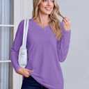 YUCOLEN Long Sleeve Shirts for Women Fall V Neck T Shirts Casual Solid Color Loose Fit Basic Tees Breathable Tops (Purple, XL)