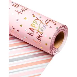 MAYPLUSS Birthday Wrapping Paper Roll, Pink Metallic Holographic Happy Birthday Wrapping Paper Featuring Reversible Stripe Gift Wrap Paper for Girls Boys Kids Men, 17 Inches x 33 Feet