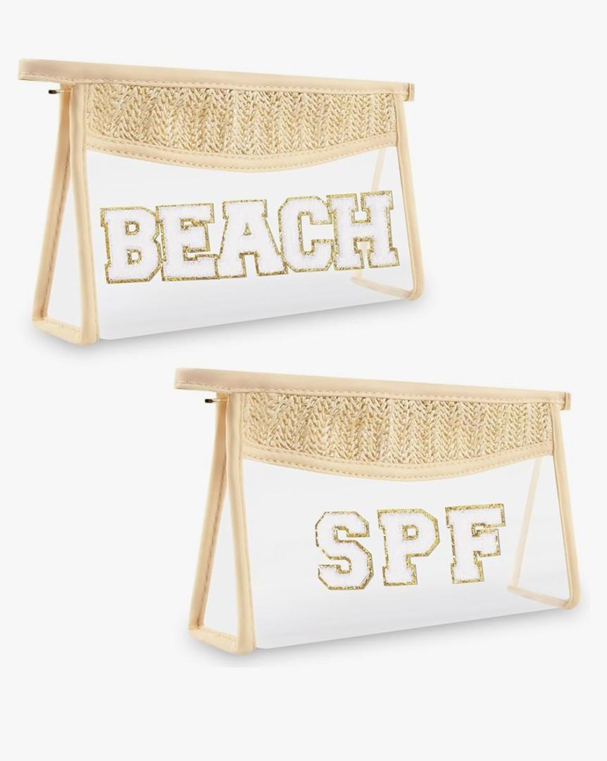 2 Pcs Boho Straw Clear Makeup Letter Pouch, Sunscreen SPF Bag Pouch, Waterproof Beach Toiletry Bag Accessories for Women