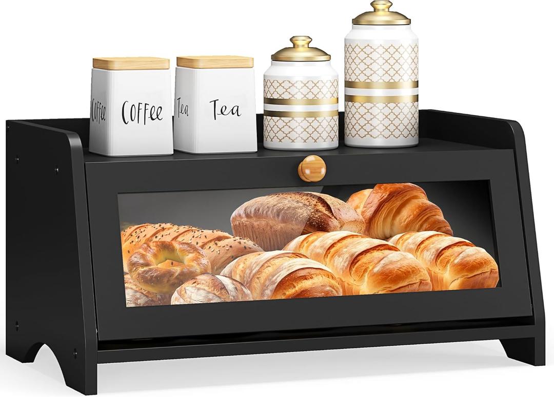 JANSNIMEN Black Corner Bread Box for Kitchen Countertop, Large Bread Container Storage Bamboo Wooden Farmhouse Bread Box with Window Bread Holder