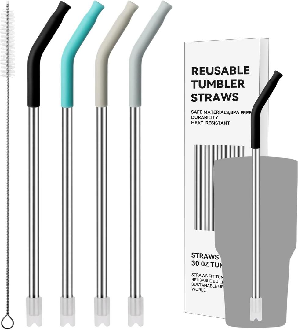 30 oz Tumbler Stainless Steel Straws with Silicone Tips, 4-Pack 9.48" Reusable Metal Straws-0.31" Tip for Glass Cups & Tumblers(Tips 1)