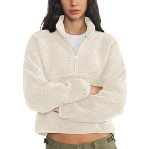 Fleece Sweatshirts for Women Cropped Long Sleeve Half Zip Pullover Sherpa Jacket Warm Fuzzy Coats with Pockets (Medium, Beige)