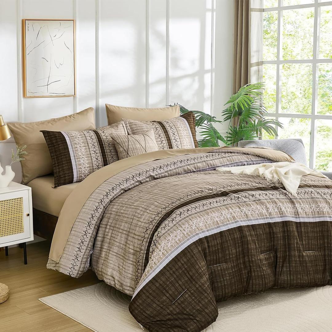 Dintszyayue Brown Comforter Set Queen Size, 8 Pieces Boho Striped Bed in a Bag Soft Microfiber Bedding Set for All Season