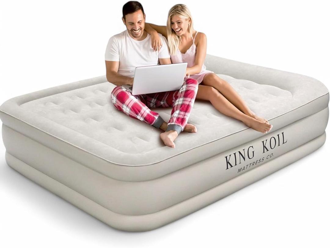 King Koil Luxury Queen Size Air Mattress with Built-in High-Speed Pump Best for Home, Camping, Guests, 13" Queen Size Luxury Double Airbed Adjustable Blow Up Mattress, Waterproof (Queen, Beige)
