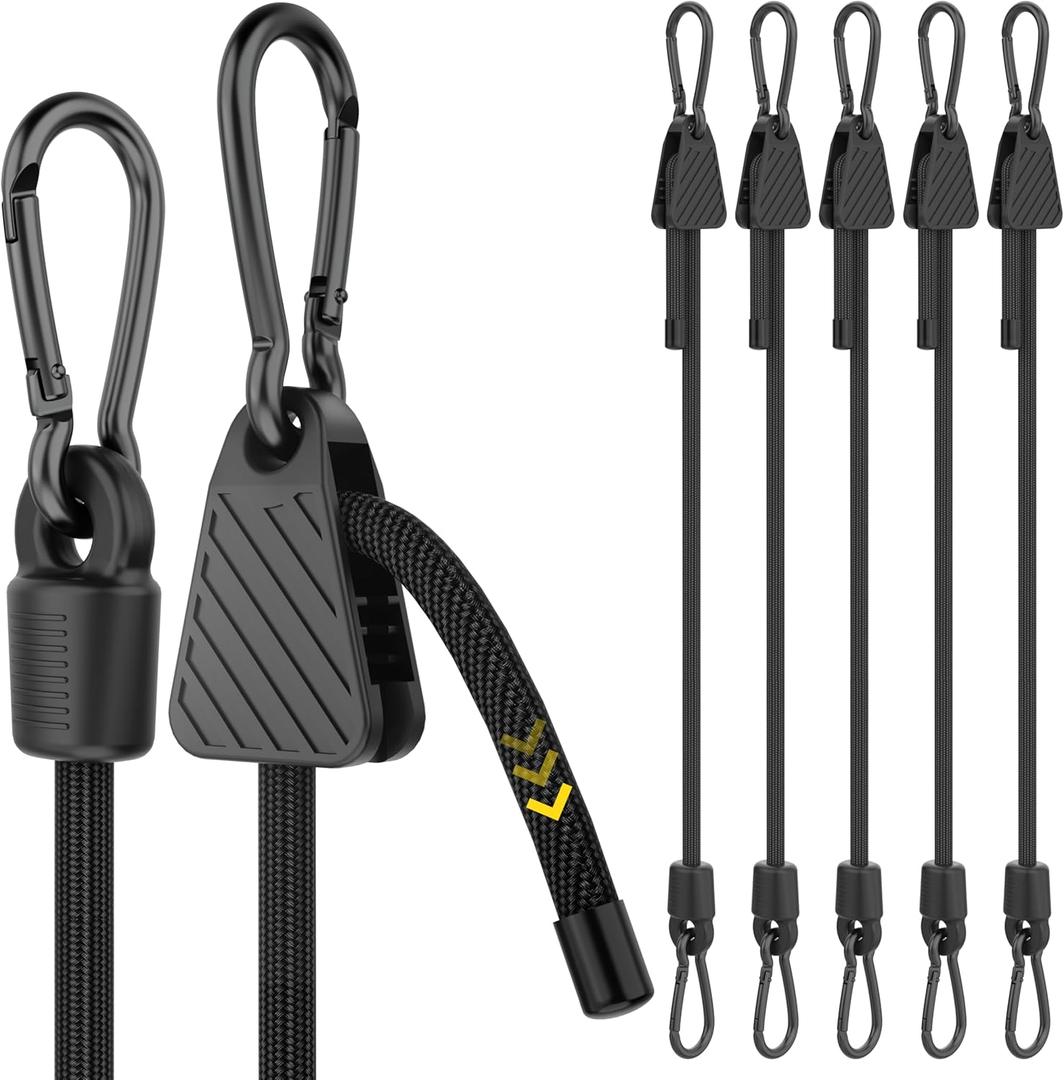 Rugtol Adjustable Bungee Cords with Hooks, 6 Pack Heavy Duty Outdoor Carabiner Bungee Cord, Black Super Elastic Bungee Straps Easily Adjust from 7" to 80", Great for Cargo, Camping, Bike Racks, Tents
