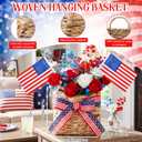 Patriotic Woven Hanging Basket Decor 4th of July Front Door Basket with American Stick Flag Star Stripe Ribbon Hanging Flower Arrangement for Independence Day Farmhouse Garden(Flower Not Included)