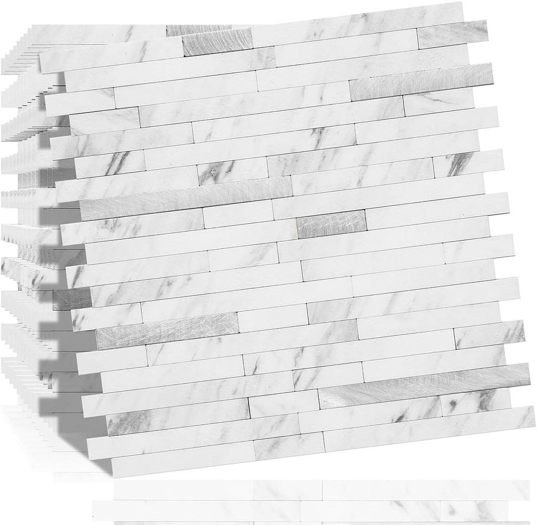 DICOFUN 10-Sheet Peel and Stick Backsplash Tile, Faux White Marble Look PVC Mixed Metal Stick on Backsplash Tiles for Kitchen and Bathroom, 9.4 sq.ft