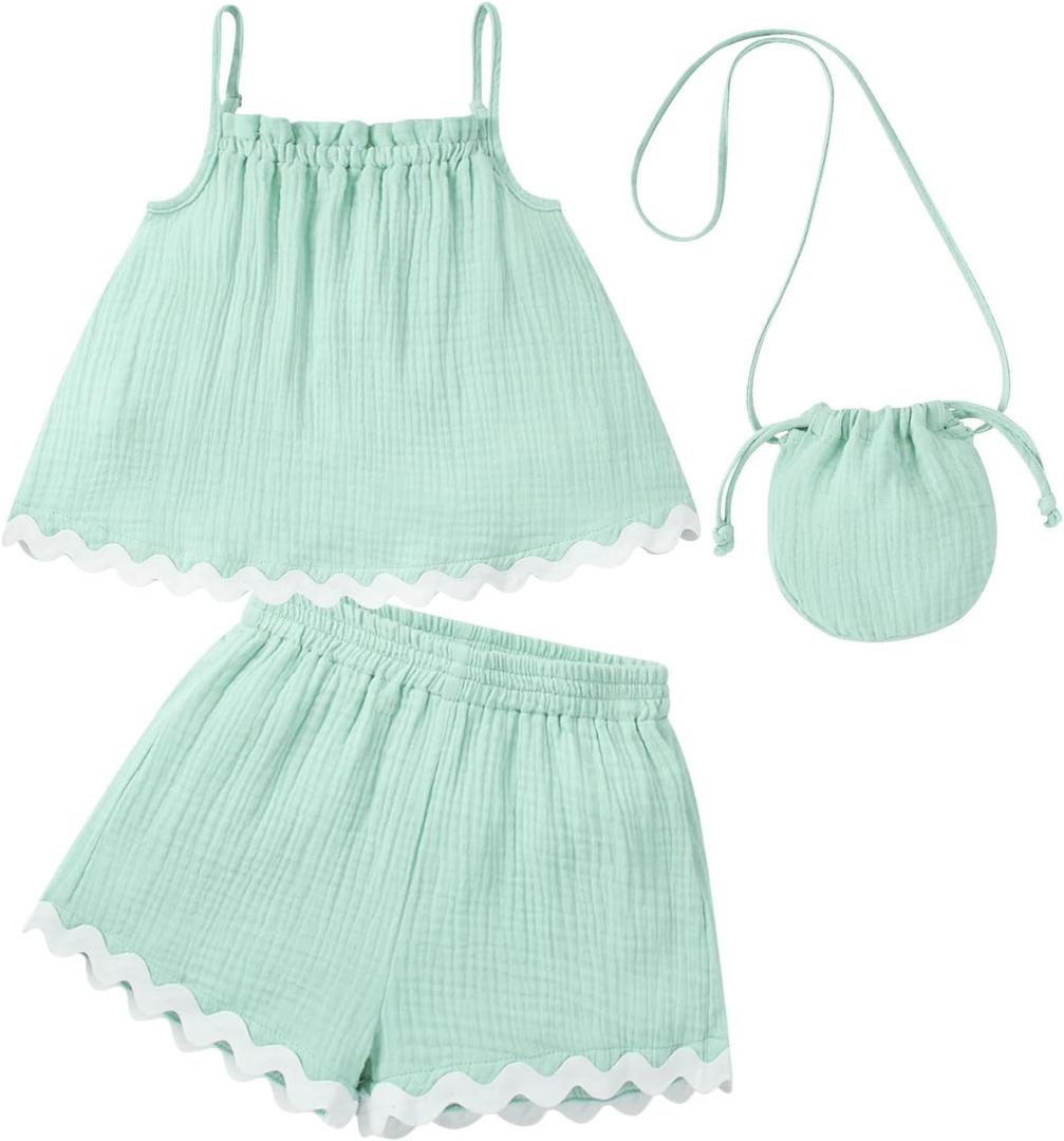 Toddler Girls Summer Outfits Baby's 100% Cotton 3 Pcs Short Sets Adjustable Strap Top Shorts with Matching Bag
