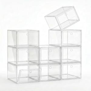 Clear Shoe Storage Boxes 9 Pack, Stackable Bins with Magnetic Doors | Thickened clear plastic folds flat when unused, while front-opening doors provide quick access in closets or entryways.