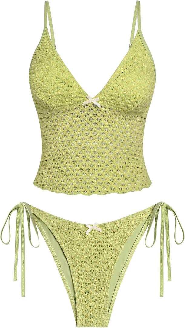 ZAFUL Tankini Swimsuits for Women Lace Jacquard Bowknot Decor Tummy Control High Cut Tanga Tankini Set (Small, A-light Green)